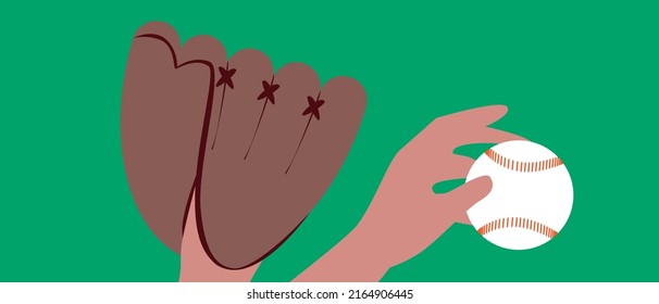 Playing baseball. Flat vector stock illustration. Hand in baseball glove with ball. Close-up on green background