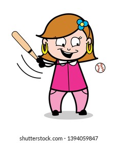 Playing Baseball Game - Retro Cartoon Female Housewife Mom Vector Illustration