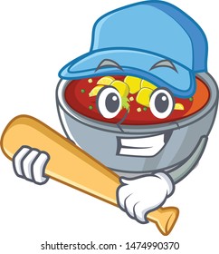 Playing baseball gazpacho is poured into cartoon bowl
