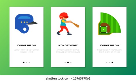Playing baseball icon set. Field, helmet, player isolated sign. Sport, competition concept. Vector illustration symbol element for web design