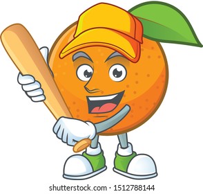 Playing baseball orange fruit cartoon with leaf green.