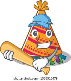 Playing baseball party hat character isolated in cartoon