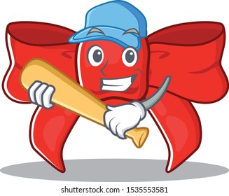 Playing baseball red ribbon bow on the cartoon