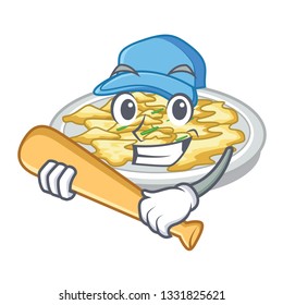 Playing baseball scrambled egg put above cartoon plate