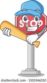 Playing baseball sign stop mascot shaped with character