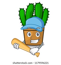 Playing baseball spurge cactus in a flowerpot cartoon
