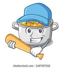 Playing baseball vegetable soup with pasta in pot cartoon
