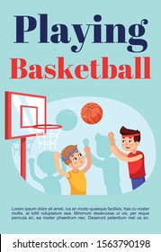 Playing basketball brochure template. Flyer, booklet, leaflet concept with flat illustrations. Vector page cartoon layout for magazine. Sports section for kids advertising invitation with text space