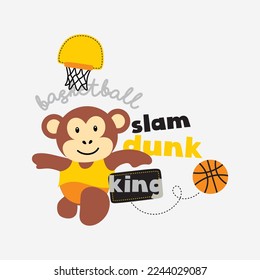 Basketball spielen mit süßer Affenkartoon, handgezeichnet