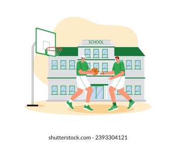 Playing basketball with friends during sports class on the school field, vector illustration.