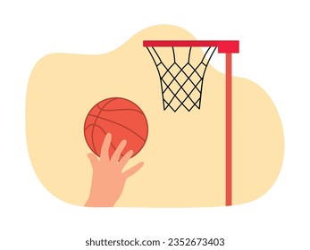 Playing basketball on the court, athletes put the ball into the youth sports tournament ring. Character design. Vector flat illustration
