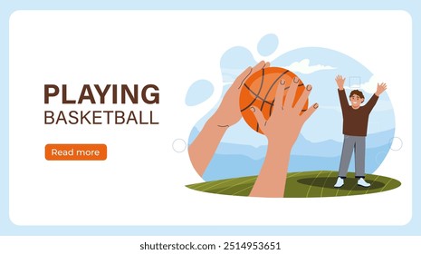 Playing basketball poster. Hands with ball. Friends playing basketball. Active lifestyle and team sports. Tournament and competition. Landing page. Flat vector illustration isolated on blue background