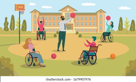 Playing Basketball with Wheelchaired Student in Schoolyard, on Sports Ground in Front School Building, Teaching Them to Pass. Teacher Spending Break Time with Four Boy and Girl with Special Need.