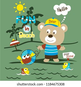 playing in the beach funny animal cartoon,vector illustration