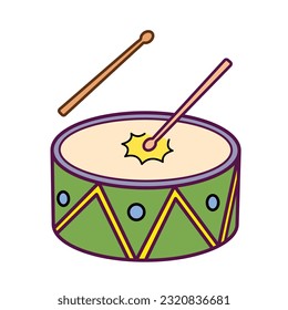 Playing beaten one single green and yellow drum with two sticks colored vector icon illustration isolated on square white background. Simple flat minimalist musical instruments items drawing.
