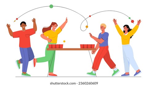 Playing beer pong concept. Men and women near table with glasses with alcoholic drinks. Fun and entertainment, leisure. Cartoon flat vector illustration isolated on white background