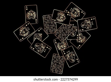 Playing black cards are flying on a black background. Winning or gambling concept. Poker and card games.