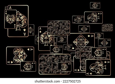 Jugar cartas negras está volando sobre un fondo negro. El concepto de ganar o apostar. Póquer y juegos de cartas.