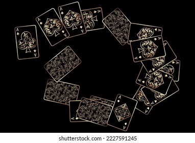Schwarze Karten spielen auf schwarzem Hintergrund. Gewinnspiel- oder Glücksspielkonzept. Poker- und Kartenspiele.