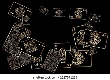 Playing black cards are flying on a black background. Winning or gambling concept. Poker and card games.