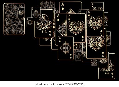 Jugar cartas negras está volando sobre un fondo negro. El concepto de ganar o apostar. Póquer y juegos de cartas.