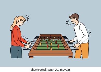 Playing board games and hockey concept. Young excited couple standing playing table air hockey having fun together vector illustration 