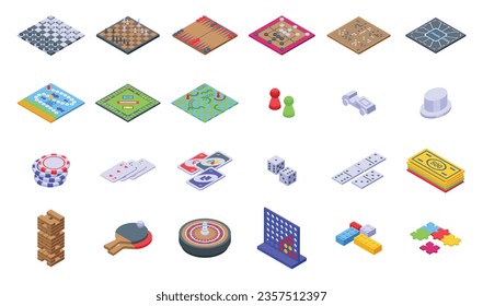 Los iconos de juegos de mesa de juego de mesa de juego establecen un vector isométrico. Juega la carta. Juego familiar