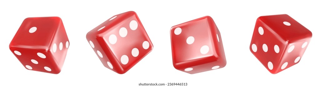 Playing bones of red color on a white background. Pipped dices with rounded corners.  isolated 3d realistic vector