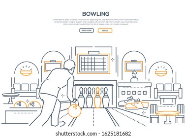 Playing bowling linear landing page vector template. Man throwing ball illustration. Entertainment center sports activities. Weekend recreation idea. Club interior and game equipment thin line items