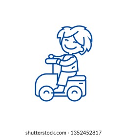 Playing boy driving on car line icon concept. Playing boy driving on car flat  vector symbol, sign, outline illustration.