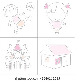 Playing Boy, Little Girl, Home, Castle – Minimalist Line Art Vector Pack