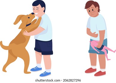Playing boy semi flat color vector character set. Standing figures. Full body people on white. Little kid isolated modern cartoon style illustration for graphic design and animation kit