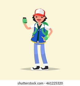 Playing boy with a smartphone in hand. Vector illustration of a flat design