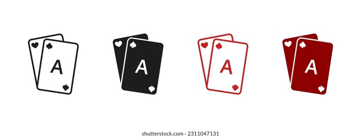 Puente Jugando, Jack Negro, Pictograma Real de Poker. Juego de iconos de la mesa de juego y de la silueta de la tarjeta de juego. Cartel de adicción al juego. Colección de símbolos de la tarjeta de reproducción. Ilustración de vectores aislados.