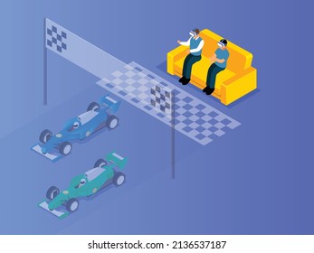 Playing Car Racing in Virtual Reality VR isometric 3d vector concept for banner, website, illustration, landing page, flyer, etc.