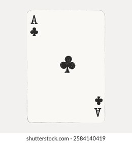 Playing card with ace of clubs design. Simple, classic ace of clubs. Minimalist ace of clubs illustration. Black club symbol on white card. Vintage art illustration, vector.ฟ