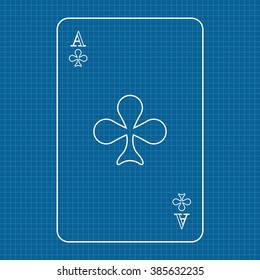 Playing card Ace of clubs. Vector illustration on Blueprint Background.