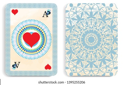 playing card ACE of hearts in the old style, with the image of ethnic ornament and a skull, a symbol of the traditional Mexican holiday Day of the dead and the Day of angels