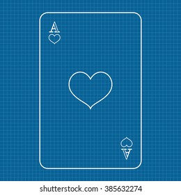 Playing card Ace of hearts. Vector illustration on Blueprint Background.