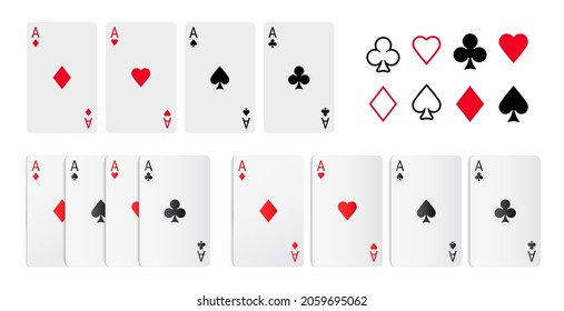 Playing card, aces clubs and diamonds, hearts and spades poker game cards flat and realistic design set. Vector casino deck, leisure hobby entertainment gambling game, red and black suits