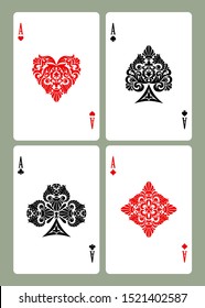 Playing card aces with retro decorative suit symbols isolated on white. Vector illustration