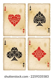 Kartenöfen mit Symbolen für den dekorativen Retro-Anzug auf geschliffenem Hintergrund aus Vintage-Grunge einzeln auf Weiß spielen. Vektorgrafik