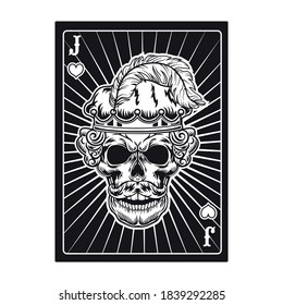 Playing card with angry jack skull. Hearts, feather. Flat vector illustration for gambling, poker club, online game concept