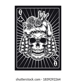 Playing card with angry queen skull. Club. Flat vector illustration for gambling, poker club, online game concept