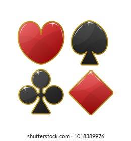 Playing card black and red suit icon with golden stroke. Hearts, Tiles Diamonds , Clovers Clubs , Pikes Spades . Vector illustration.