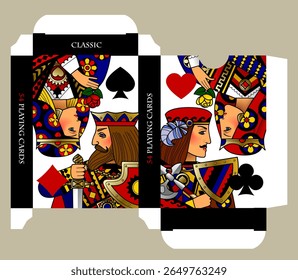 Playing card box template with card character portraits in colorful and linear style and suit symbols on white background. Vector illustration