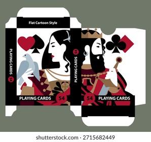 Plantilla de la caja de la tarjeta de juego con los retratos del carácter de la tarjeta en estilo plano de la historieta en el fondo blanco. Ilustración vectorial