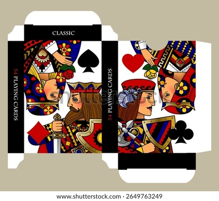 Playing card box template with card character portraits in colorful and linear style and suit symbols on white background. Vector illustration