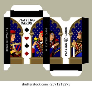 Playing card box template with characters in colorful historical costumes and gothic frames and suit symbols on white background. Vector illustration in 3D style. NOT AI generated