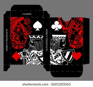 Playing card box template with card characters in red and white linear style and suit symbols on black background. Vector illustration. NOT AI generated